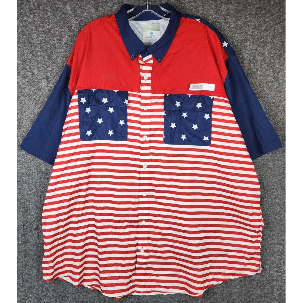 Ocean‎ Coast Fishing Shirt Mens 3XLT Red White Blue Stars Stripes USA Patriotic